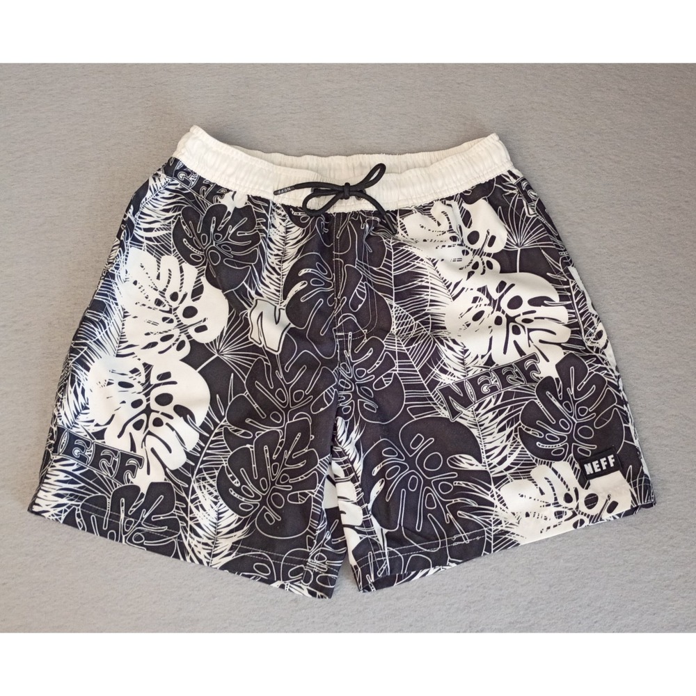 Neff UnLined Draw String Tropical Board Shorts Men Size Small Black/White